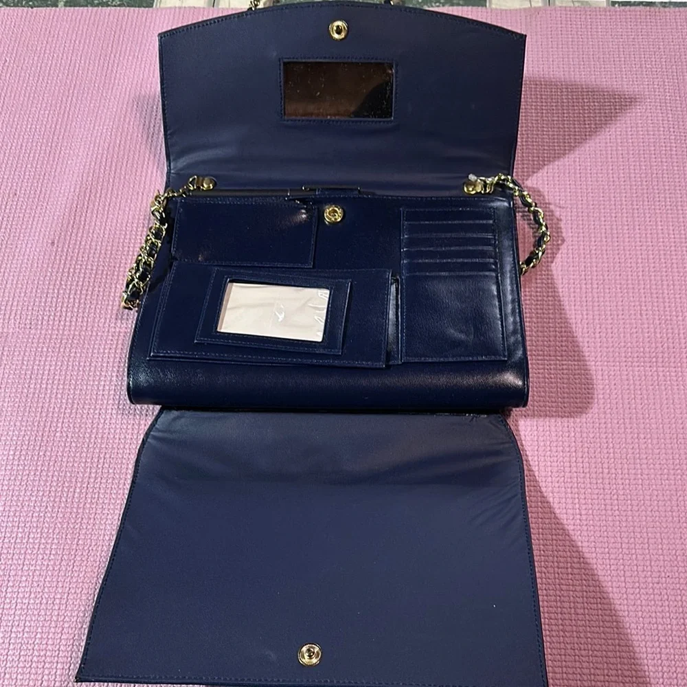 Vintage Elegant Blue Mirror Pocket Book Purse Chain Strap Check Book Women's Bag